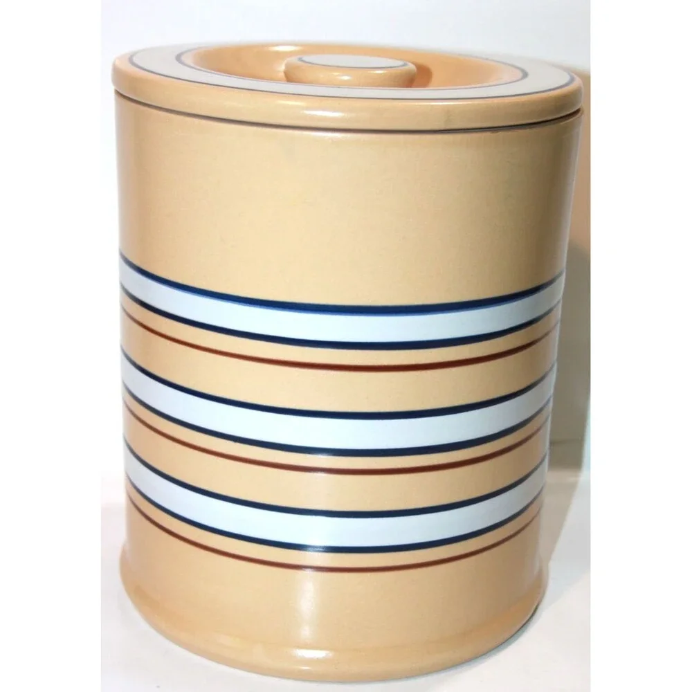 Home Yellow Ware Banded Canister Lid Blue White Stripe Storage Farmhouse 9”